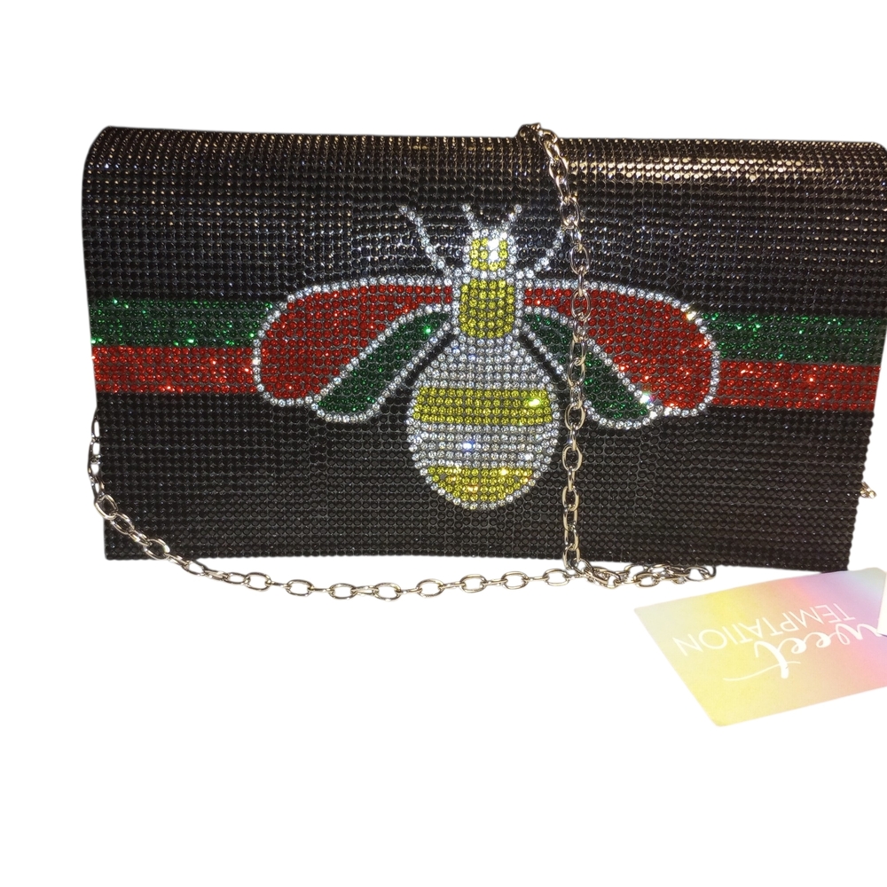 Crystal Bee Embellished Black Evening Clutch with Chain